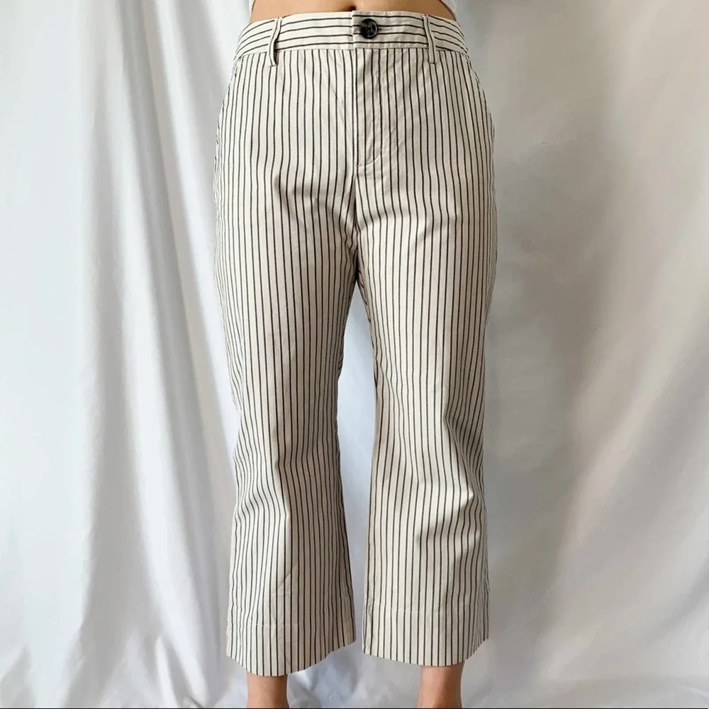 Cabi Striped Modern Beige & Navy Blue Striped Crop Wide Leg Trousers Size 6 - Picture 1 of 12